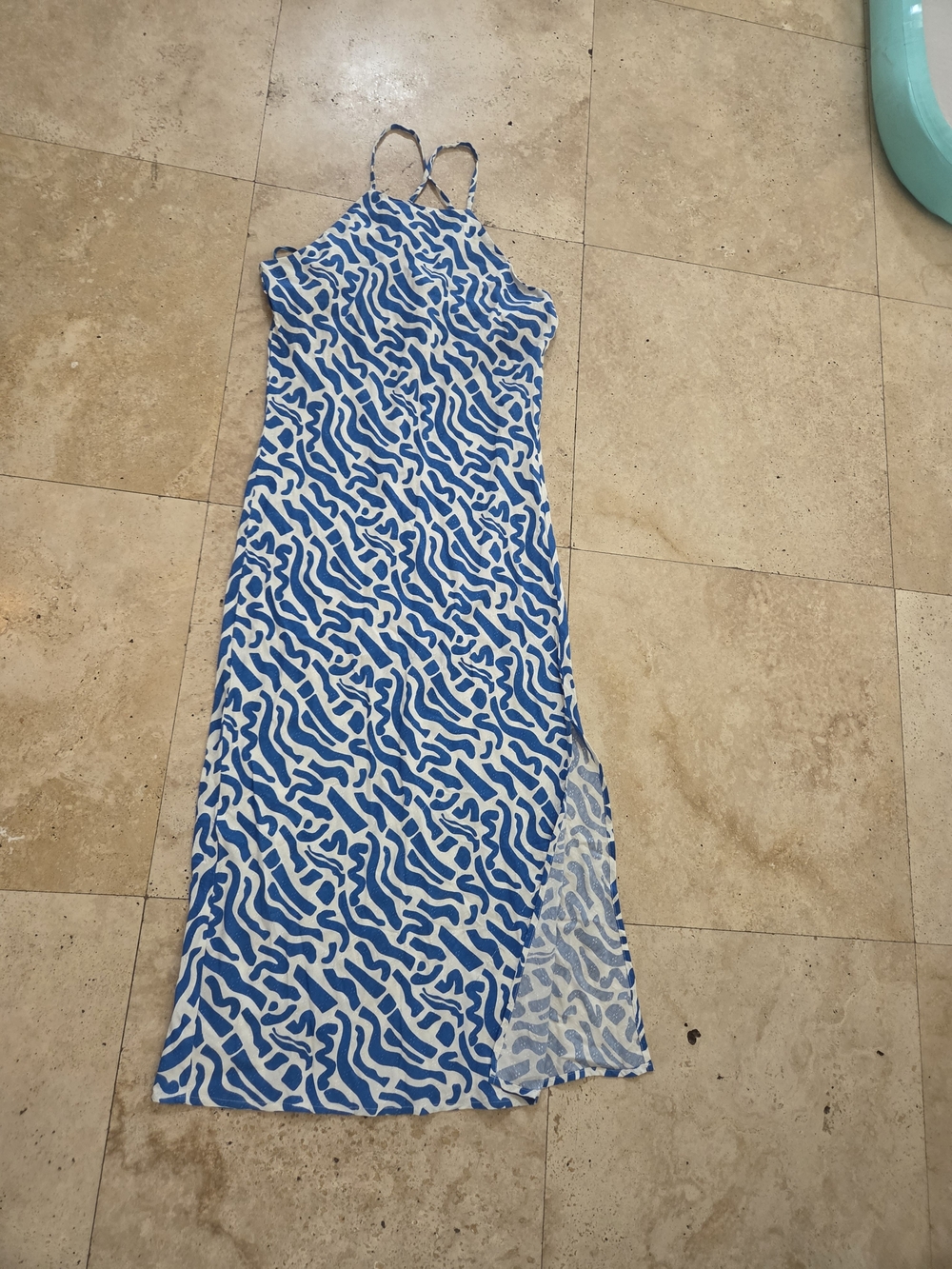 Blue & White Abstract Print Maxi Slip Dress